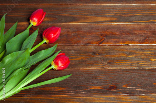 Fresh red tulips with green leaves on dark wooden background