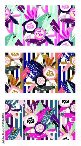 Trendy color abstract hand drawn doodle pattern background with floral elements. Vector texture fabric art.