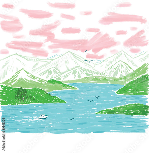 Illustration of lake with mountains in background photo