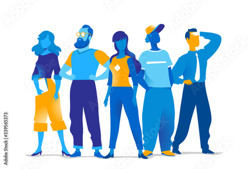 Squadra di personaggi colorati maschili e femminili isolati sullo sfondo bianco