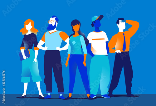 Squadra di personaggi colorati maschili e femminili isolati sullo sfondo bianco