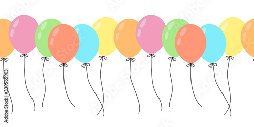 Colorful cute cartoon balloon seamless vector border isolated on a white background for celebration, holiday, birthday party card. Hand drawn illustration EPS10
