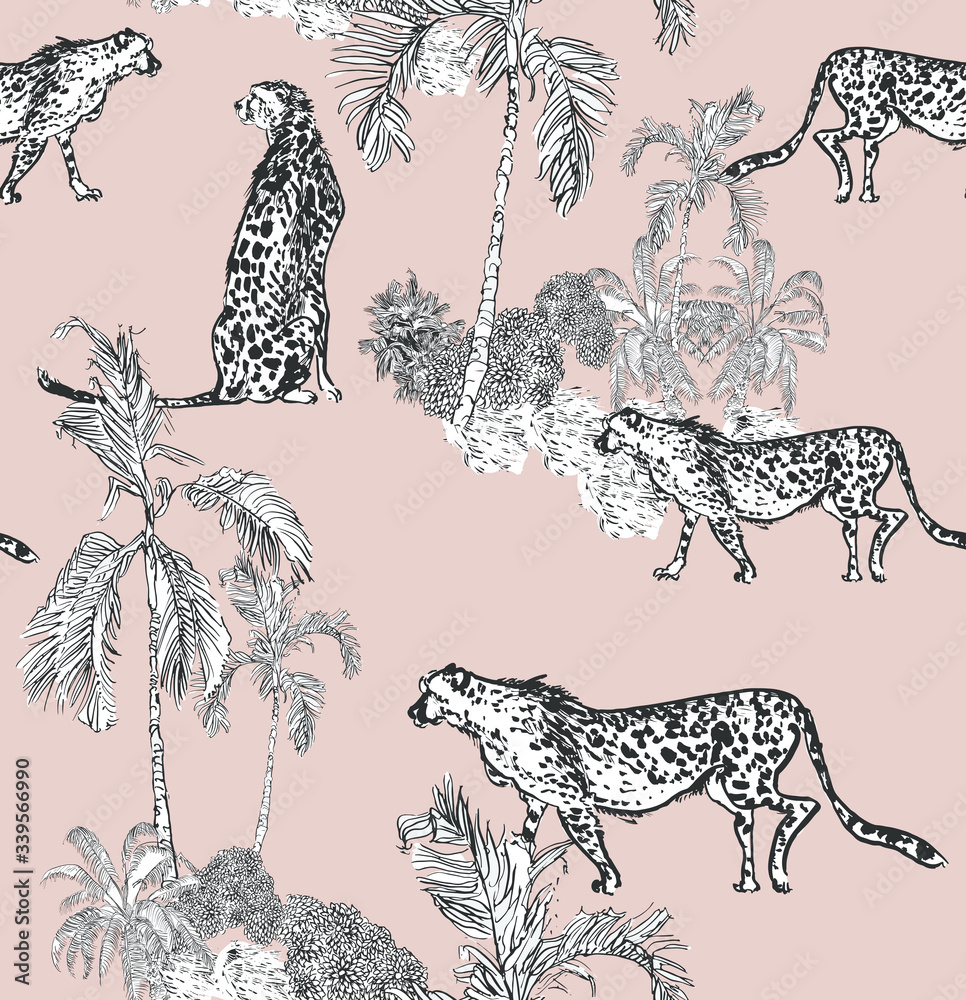 custom made wallpaper toronto digitalSeamless Pattern Tropical Jungle Lithograph Illustration Cheetah Animals on Safari Desert, Wildile in Palm Trees Doodle Drawing on Pink Background, African Motifs Textile Design