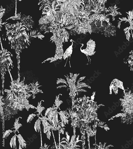 Naadloze patroon tropisch bos met exotische dieren Luipaard, tijger, luiaard, papegaaien in palmen Vintage lithografie, regenwoud Wildlife nacht Jungle, palmen gravure zwarte achtergrond