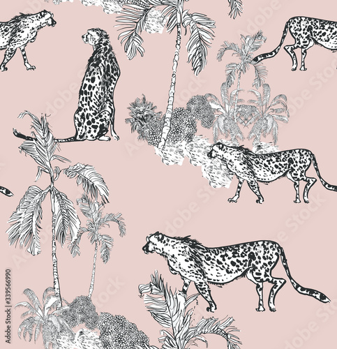 Wallpaper Mural Seamless Pattern Tropical Jungle Lithograph Illustration Cheetah Animals on Safari Desert, Wildile in Palm Trees Doodle Drawing on Pink Background, African Motifs Textile Design Torontodigital.ca