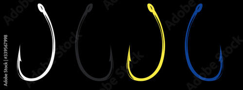 Single Barb Fishing Hook Isolated  Curve Shank Fisherman Vector Graphic Illustration Angler Fishing Symbol Logo Icon Abstract on Black Background