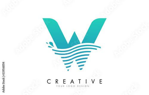 W Letter Logo with Waves and Water Drops Design.