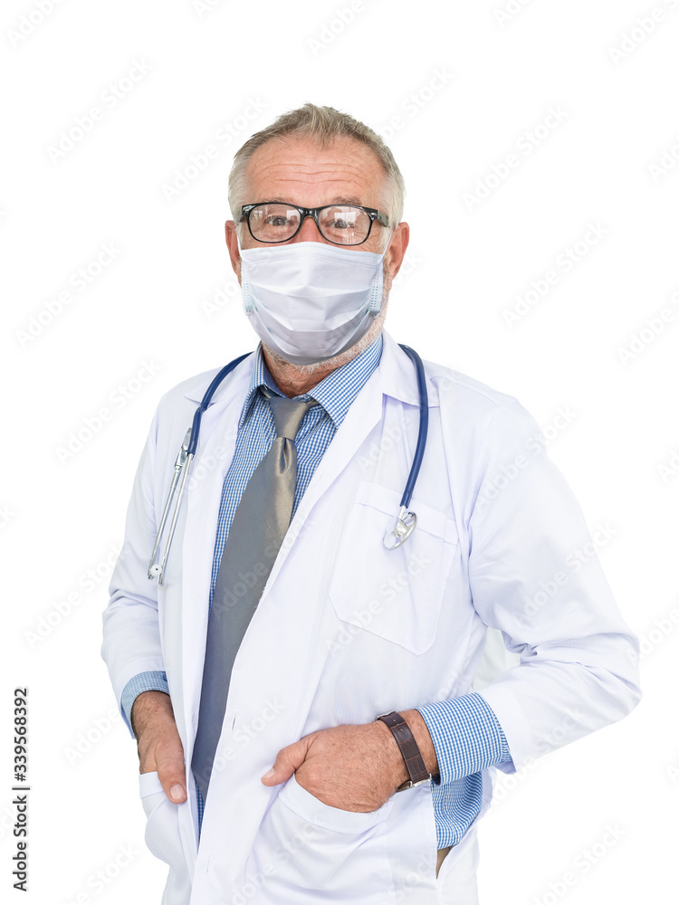 Portrait of mature medical people caucasian doctor senior man wearing protective mask to protect coronavirus outbreak isolated on white background