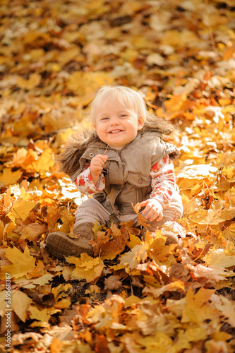 Little cute girl is sitting in a pile of leaves. Autumn season.