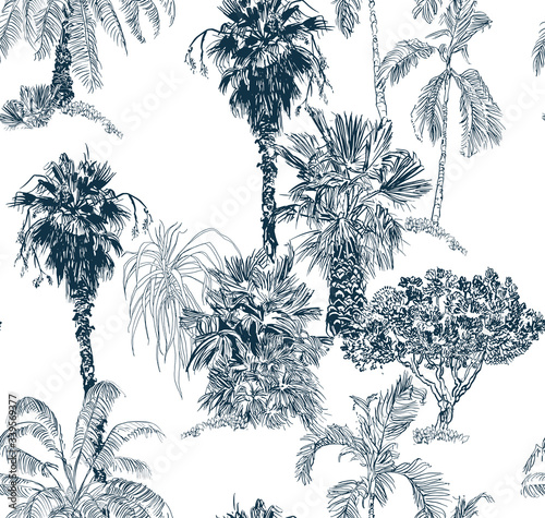 Tropical Palms and Trees Indigo Blue Color Hand Drawn One Line Engraving Jungle, Tropics Textile Design, Realistic Exotic Plants Toile Seamless Pattern