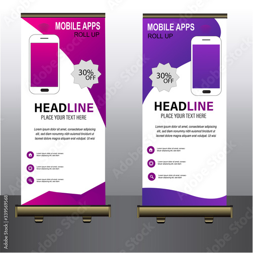 MOBILE APPS Roll up banner template, stand layout, Blue banner, application presentation, infographics, advertisement, flyer, x-banner, j-flag, poster, advertisement, print media advertising