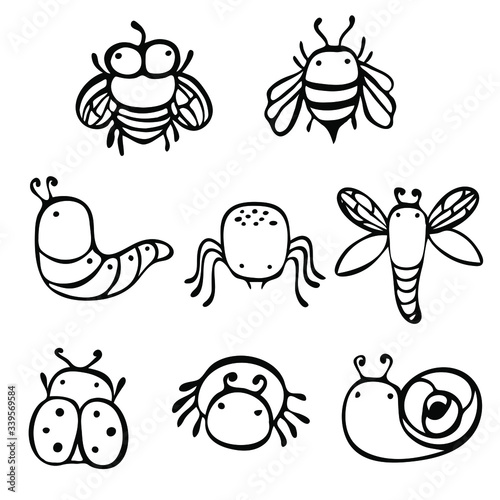 nsects drawn by a line. Set of small, thick, simple  Insects, doodle style. Print for children's coloring, print for clothes, t-shirts, cups, postcard. Coloring. Vector. Line insect. photo