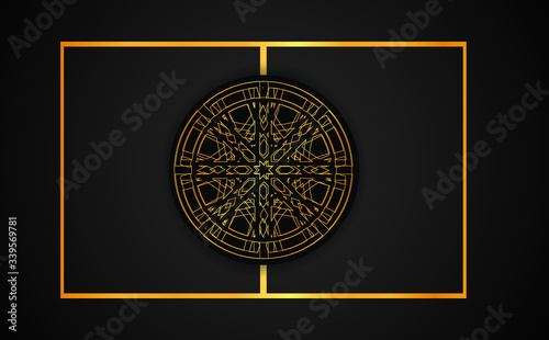 Mandala. Gold round ornament pattern on black background.