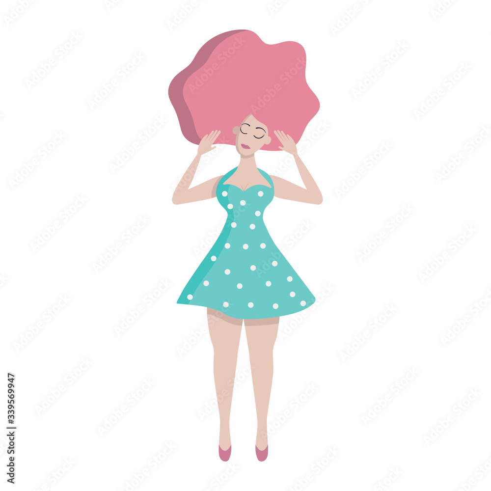 Lovely girl in a dress. Cheerful happy curvy woman in a green dress in retro style. Body positive. Isolated object on a white background. Lovely girl in a dress. Cheerful happy curvy woman in a green dress in retro style. Body positive. Isolated object on a white background.