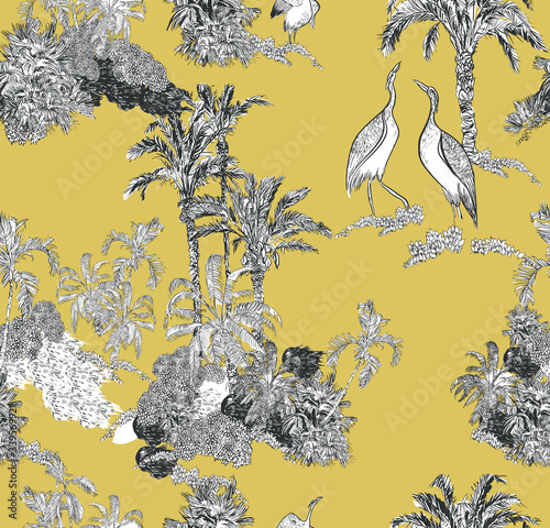 Tropical Trees Groups with Palms and Exotic Plants with Crane Birds Black and White on Mustard Background, Exotic Wallpaper Design, Textile Jungle Print Doodle Drawing
