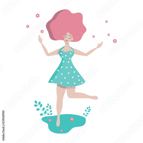 A girl in a dress. Cheerful happy plump woman in a green dress. Flowers Happiness. Body positive. Trend illustration in flat and cartoon style. Isolated object on a white background.