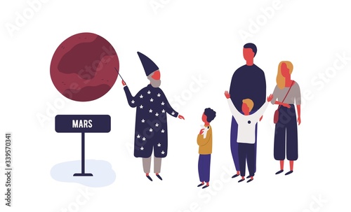 Cartoon astronomical man telling about Mars planet to people visitor isolated on white background