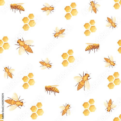 Watercolor seamless pattern with honey bee and honeycombe on white background. Hand painted. Illustration for design, print, fabric, invitations, cards, wall art and other. © KsaeniaArt