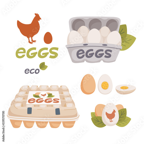 Set of chicken and quail eggs in different forms raw, boiled and fried and in...