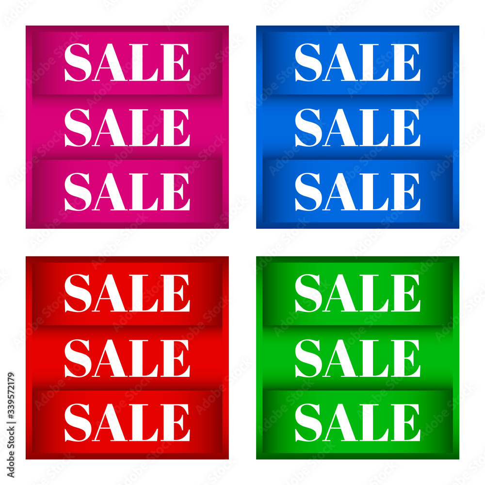 Set of four decorative square icons divided into three parts, each with a large white inscription Set of four decorative square icons divided into three parts, each with a large white inscription