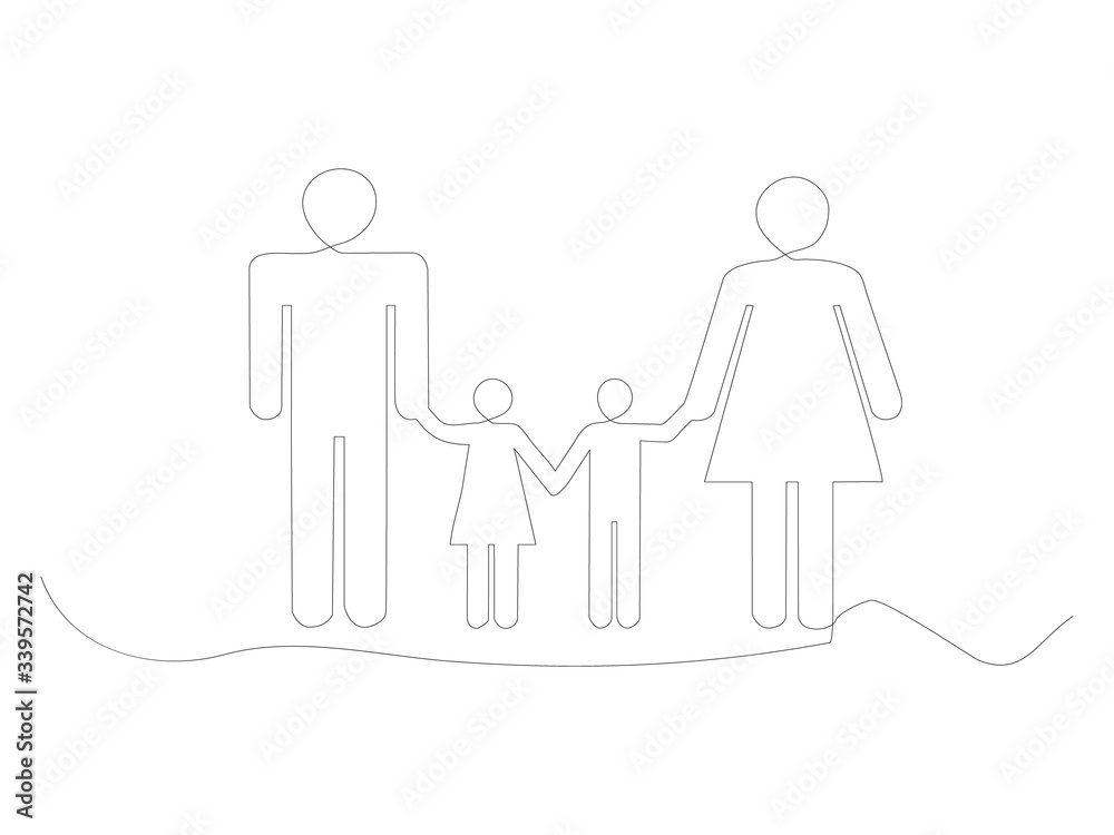 Continuous family line vector illustration isolated on white background. Husband, wife and children one line. Continuous family line vector illustration isolated on white background. Husband, wife and children one line.
