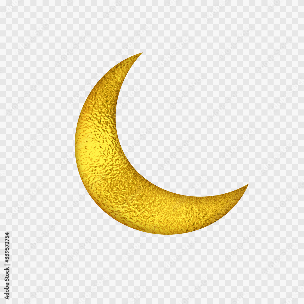 Gold foil half moon. Yellow glossy texture decor isolated on