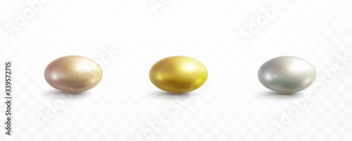 Capsule set isolated on transparent background. Gold rose, golden, pearl beads or glossy bubbles template. Vector 3d metal sphere, shiny pill icons