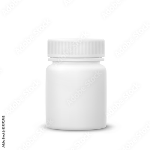 Bottle mockup isolated on white background. Small medicine plastic package for pills, vitamins or capsules. Vector empty jar, container mock up.