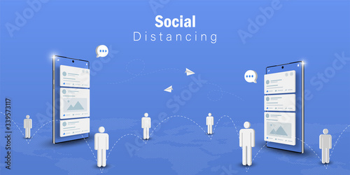Social Distancing Concept, Social media technology communication using smartphone, Web banner background with copy space