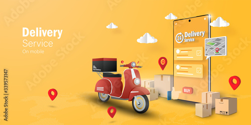E-commerce concept, Delivery service on mobile application, Transpotation or food delivery by scooter