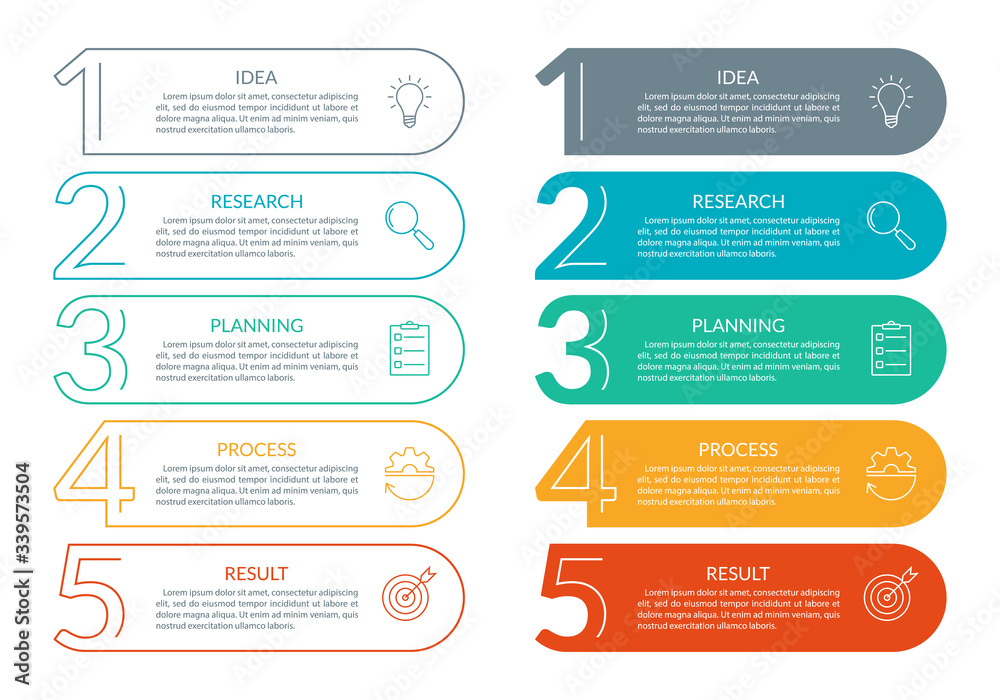 5 steps info graphic with business icons and copy space. Infographics template with outline numbers. Five parts or options for menu and workflow layout design. Vector illustration. 5 steps info graphic with business icons and copy space. Infographics template with outline numbers. Five parts or options for menu and workflow layout design. Vector illustration.