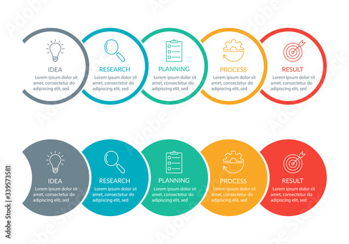 Info graphic for business presentation with 5 steps or option. Timeline infographics template with colorful circles and outline icons. Five parts for workflow layout design. Vector illustration.