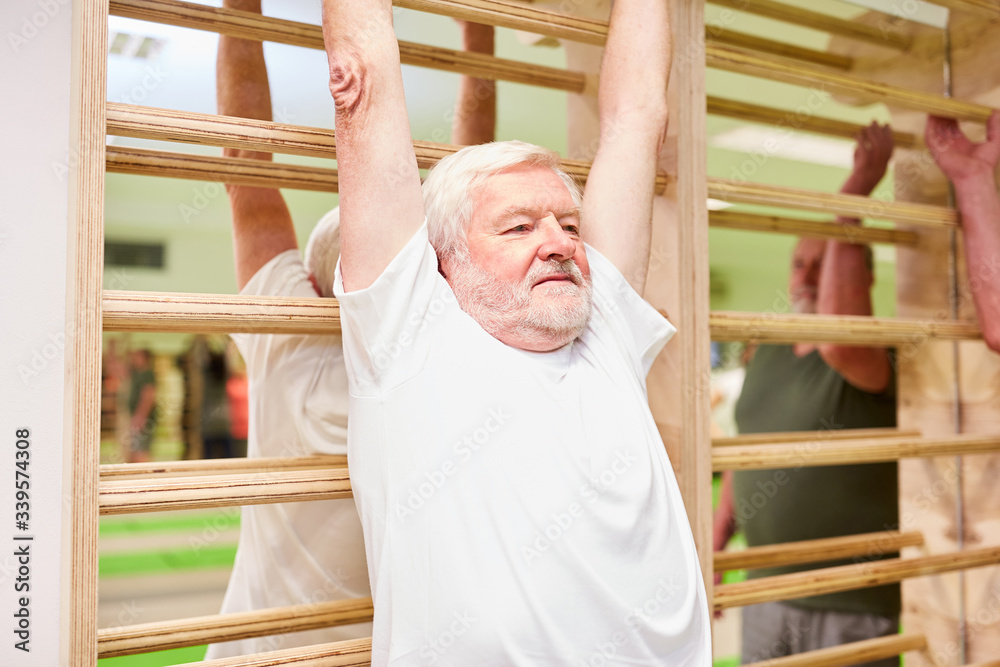 Senior man doing gymnastics on the wall bars Senior man doing gymnastics on the wall bars