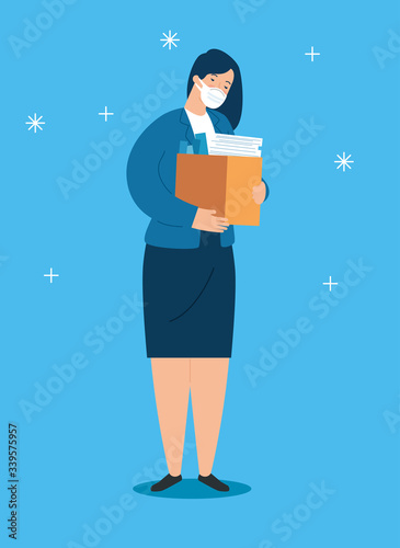 businesswoman sad unemployed with box vector illustration design
