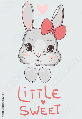 Hand drawn cute rabbit with bow childish print for children's textiles. Vector