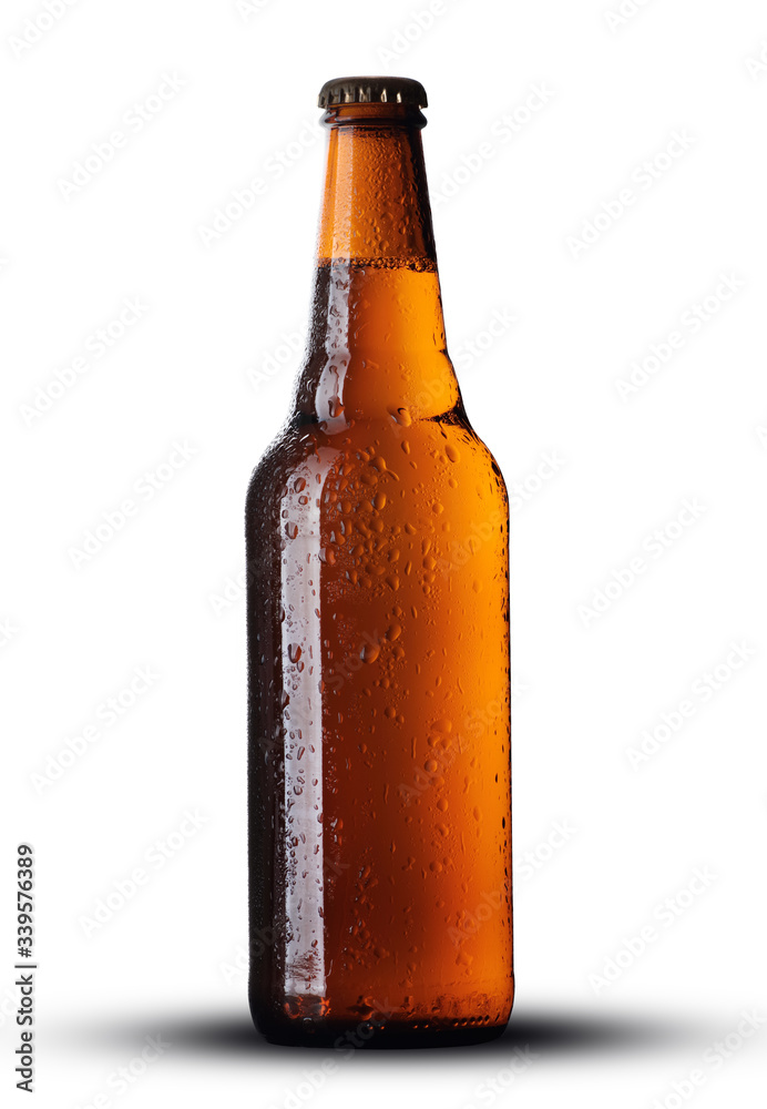 full brown bottle with beer and drops full brown bottle with beer and drops