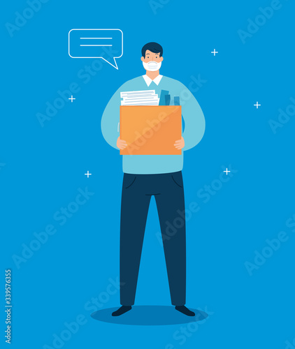 businessman unemployed and box with objects vector illustration design