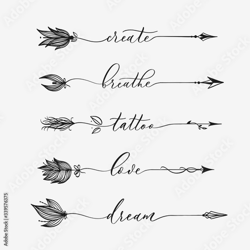 Rustic decorative arrows and feathers with calligraphy. Hand drawn vintage vector design set.