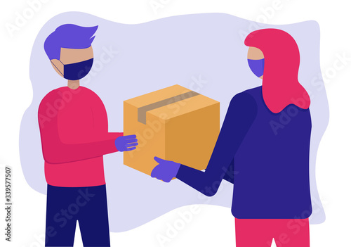 Contactless home delivery. Security, gloves, stay at home. worldwide delivery, hand-to-hand delivery, protective mask and gloves