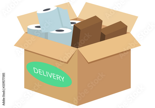 Box with toilet paper and cereals, contactless food delivery to your home