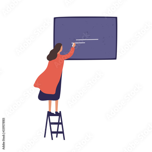 Cartoon female standing on stairs whiting on blackboard use chalk vector flat...
