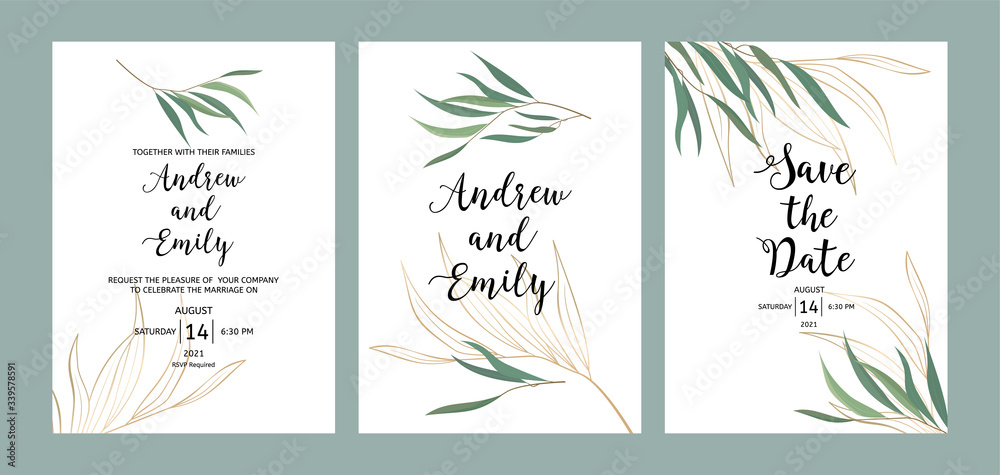 Set of wedding floral invitation, Save the Date card template. Green and gold leaves of eucalyptus branches frame