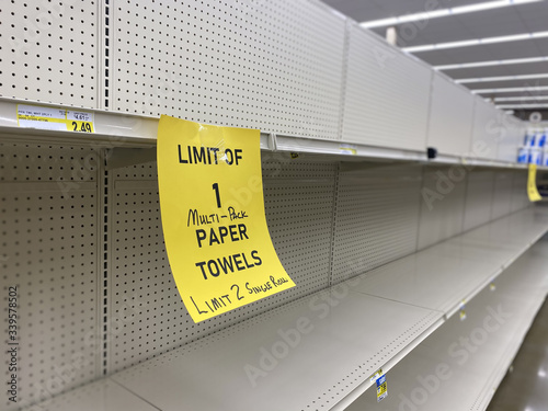 A view of empty paper product shelves at a department store during the Coronavirus pandemic of 2020.
