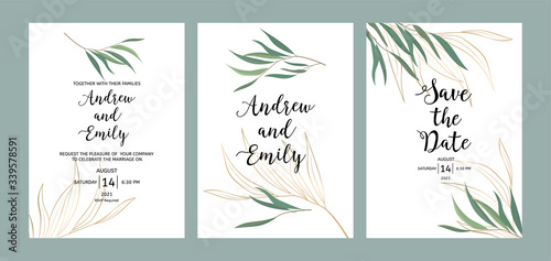 Set of wedding floral invitation, Save the Date card template. Green and gold...