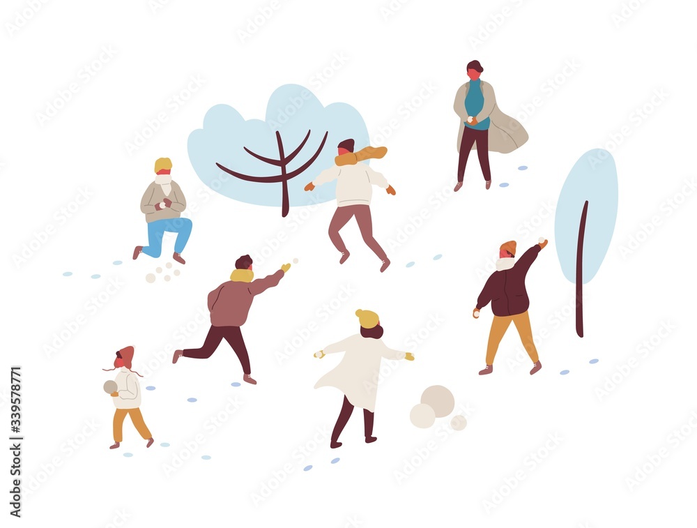 Happy cartoon people playing snowballs and making snowman vector flat illustration. Joyful colorful man, woman and kid enjoy outdoors activity at winter park isolated on white background
