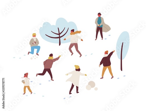 Happy cartoon people playing snowballs and making snowman vector flat illustr...