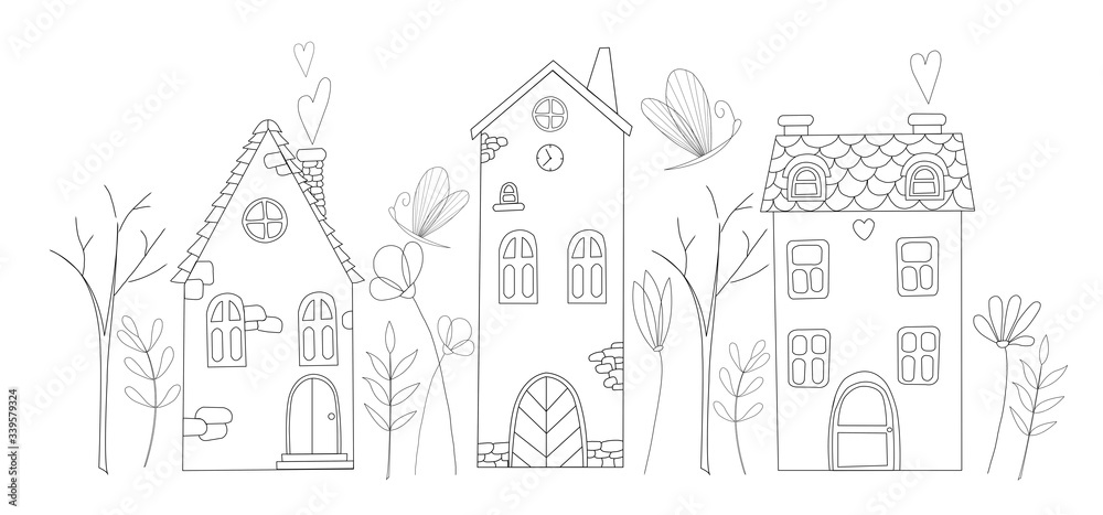 Set of line art houses Black graphic isolated elements