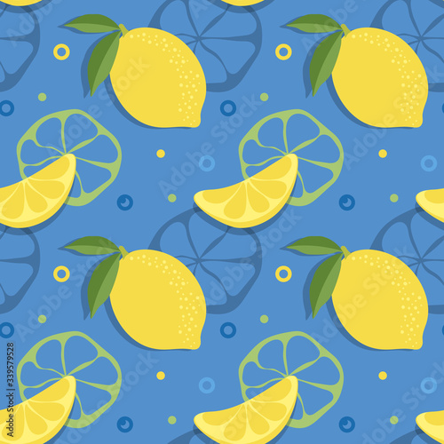 Lemon, slice of lemon seamless pattern. Citrus fruit on blue background. Vector illustration retro style. Summer template food. Repeating texture. Modern ornament. Design paper, wallpaper, textile.