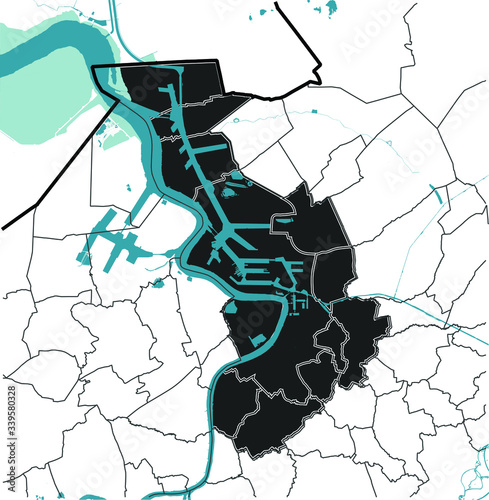 Antwerpen (Antwerp), Belgium map — rivers, water, administrative regions districts on white background