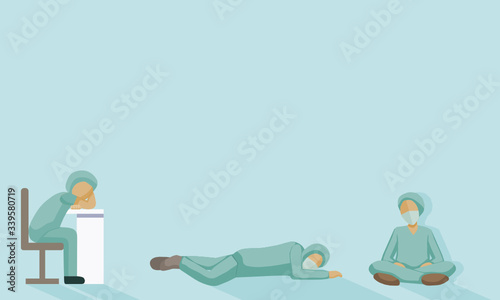 set of tired doctors with different gestures, fall asleep on the table, sleep on the floor and sit against wall